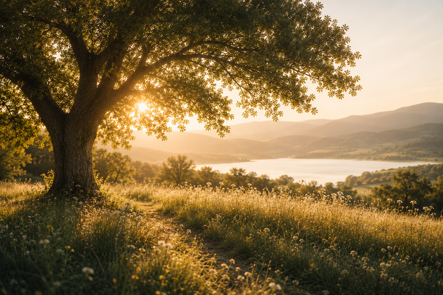 Golden-hour landscape with a large tree, meadow, and distant water
